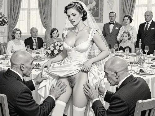 This is is a detailed monochromatic pencil drawing in a classical illustrative style depicts a scene set in USSR, in 1950s, a striking busty bride in a white dress, ((2 ugly bald old men roughly pawing her labia with their fingers)), 2 ugly bald old men mocking, on a festive table during the wedding banquet, She lifts the hem of her wedding dress with her hands, hairy pussy, her white stockings are visible, family and parents are watching in their best clothes, a large banquet hall, They celebrate the wedding without noticing the bride, The overall mood is intense, rendered in fine, expressive line work and subtle shading, evoking the style of 1950s satirical or moralistic illustrations.