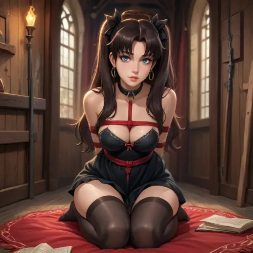 rin tohsaka from fate zero dross style reiq meets, woman, A sexy goth girl wearing a thick collar and black stockings stood in a medieval style BDSM dungeon in rope bondage