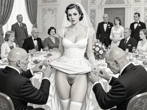 This is is a detailed monochromatic pencil drawing in a classical illustrative style depicts a scene set in USSR, in 1950s, a striking busty bride in a white dress, ((2 ugly bald old men roughly pawing her labia with their fingers)), 2 ugly bald old men mocking, on a festive table during the wedding banquet, She lifts the hem of her wedding dress with her hands, hairy pussy, her white stockings are visible, family and parents are watching in their best clothes, a large banquet hall, They celebrate the wedding without noticing the bride, The overall mood is intense, rendered in fine, expressive line work and subtle shading, evoking the style of 1950s satirical or moralistic illustrations.