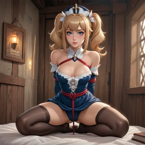 barbara from genshin impact dross style reiq meets A sexy girl wearing a thick collar and black stockings stood in a medieval style BDSM dungeon in rope bondage