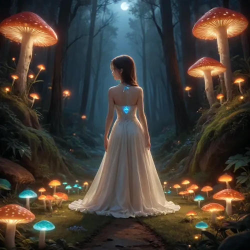 score_9, score_8_up, score_7_up, masterpiece, (blue glowing mushrooms), green glowing mushrooms, (red glowing mushrooms), ((growing in a circle)), small female figure, wearing a white dress, standing beneath the mushrooms, back to the viewer, best quality, absurdres, extremely detailed, 2d, source anime, mystical forest, night, bioluminescent fungus, starlight, rendered, rule of thirds, <lora:add-detail-xl:.5>, <lora:ClearHand-V2:.8>, artmgn, <lora:artfullyIMAGINE:.8>