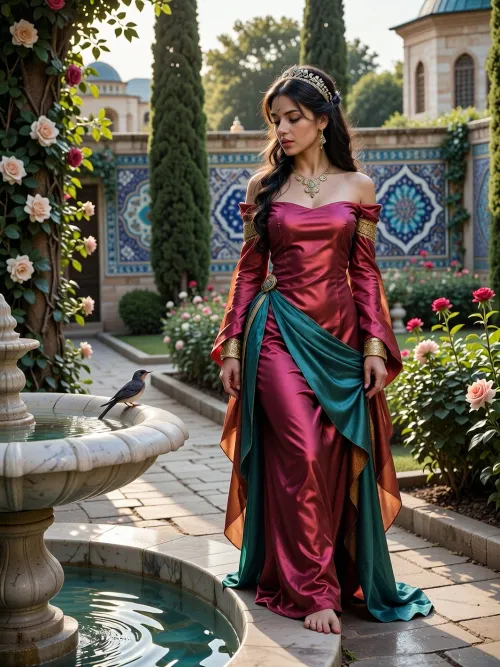 Sharp detailed face. A radiant young concubine with the most beautiful face, stands at the edge of a marble fountain, a small bird perched on the fountain’s edge beside her, her gaze fixed on it with quiet wonder. She wears a vivid jewel-toned silk caftan, fully closed bodice, long flowing sleeves, layered robe, emerald and ruby tones catching the breeze as it sweeps gently around her, gold jewelry glinting at her wrists and throat, her dark hair adorned with an ornate jeweled headpiece. Around her, the Ottoman palace garden unfolds in full bloom, roses climbing along stone pathways, slender cypress trees standing like silent sentinels, and in the distance, walls decorated with intricate Iznik tile patterns in blue and turquoise. There is a quiet longing in her posture, a private moment stolen between duty and daydream, as though for this instant she belongs not to the palace but to the small creature free to fly at will. The late afternoon sun falls in warm golden light across the garden, catching the water’s surface in scattered reflections and wrapping her silhouette in a soft, painterly glow, the whole scene rendered with rich, saturated color and a cinematic, emotional atmosphere.
