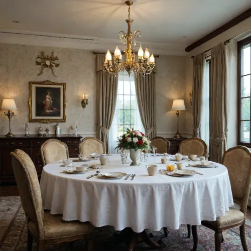 luxorious hotel, dinning room, large table, classy chairs, food, white walls, golden patterns, empty