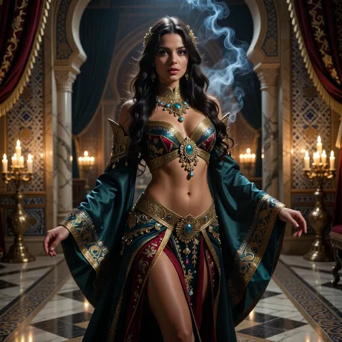 A breathtaking cinematic portrait of a beautiful concubine in the Grand Sultan’s palace, captured in a moment of graceful movement through a lavish marble hallway. She is adorned in exquisite, intricately embroidered silk robes in deep jewel tones of emerald, gold, and crimson, embellished with shimmering precious gems and ornate gold filigree jewelry. Her long, lustrous hair cascades down her shoulders, catching the soft, flickering glow of golden candlelight that illuminates the scene. The background features grand arches, mosaic-tiled walls, and opulent drapery, with wisps of fragrant incense smoke curling through the air, creating a mysterious and ethereal atmosphere. The lighting is warm and dramatic, with deep shadows enhancing the sense of luxury and intimacy. Ultra-realistic, 8k resolution, cinematic composition, rich textures, oriental fairy tale aesthetic, sophisticated and alluring mood, highly detailed skin and fabric textures.