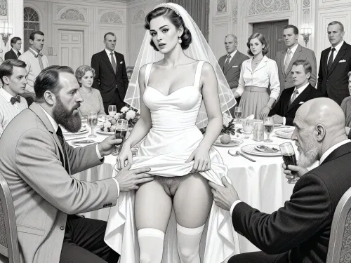 This is is a detailed monochromatic pencil drawing in a classical illustrative style depicts a scene set in USSR, in 1950s, a striking busty bride in a white dress, ((2 drunk Obese ugly hairy bearded Caucasian old men roughly pawing her labia with their fingers)), 2 drunken Obese ugly hairy bearded Caucasian old men mocking, on a festive table during the wedding banquet, She lifts the hem of her wedding dress with her hands, hairy pussy and white stockings are visible, family and parents are watching in their best clothes, a large banquet hall, They celebrate the wedding without noticing the bride, The overall mood is intense, rendered in fine, expressive line work and subtle shading, evoking the style of 1950s satirical or moralistic illustrations.