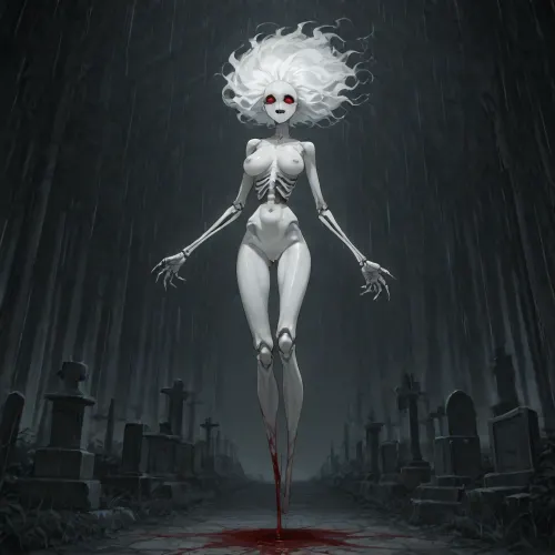 score_9, 1 ghastly female, about 33, very thin, is naked, ghost white skin, in a very foggy 1200's church graveyard, camera view is set far back, 32k image, floating in air, has no legs, ghostly form with no legs, perfect hands with long claw nails, no legs, no feet, ghostly form, floating, very skinny ghastly shape, completely naked, no hair, white ghostly afro hair, blood dripping from claws, evil demonic red eyes with a hollow empty feel, 34C cup breasts, medium size breasts, ghostly white boobs and nipples, everything about the ghost is ghastly and greyish white, raining heavy, old england graveyard, many ancient, tombstones, skeletal hands popping out of a few spots in background, scary environment, very spooky feel