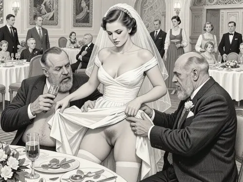 This is is a detailed monochromatic pencil drawing in a classical illustrative style depicts a scene set in USSR, in 1950s, a striking busty bride in a white dress, ((2 drunk Obese ugly Caucasian old men roughly pawing her labia with their fingers)), 2 drunken Obese ugly hairy bearded Caucasian old men mocking, on a festive table during the wedding banquet, She lifts the hem of her wedding dress with her hands, hairy pussy and white stockings are visible, family and parents are watching in their best clothes, a large banquet hall, They celebrate the wedding without noticing the bride, The overall mood is intense, rendered in fine, expressive line work and subtle shading, evoking the style of 1950s satirical or moralistic illustrations.