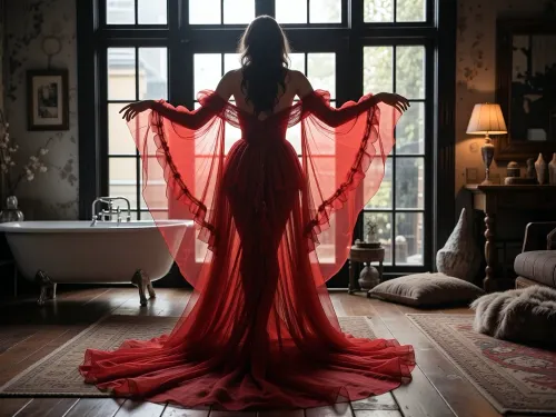 A cinematic, full-body shot captured from behind of a woman with long, cascading dark hair, standing gracefully before a massive, floor-to-ceiling window flooded with soft, natural daylight. She is wearing an elaborate, ethereal red gown made of translucent, sheer fabric that catches the backlight, revealing delicate textures and glowing folds. The gown features dramatic, oversized ruffled sleeves that extend outward like majestic wings, creating a grand, sculptural silhouette. The long, voluminous train of the dress pools elegantly across a weathered, rustic wooden floor. The interior is a cozy, atmospheric loft, to the left sits a vintage white clawfoot bathtub, and to the right, a curated seating area with plush, textured rugs. The lighting is soft and diffused, casting a beautiful halo effect around her figure and highlighting the semi-transparent layers of the fabric. The overall mood is romantic and artistic, captured with high-detail photographic precision, emphasizing depth of field, warm interior shadows, and an elegant, timeless aesthetic. 8k resolution, highly detailed textures, film grain, masterful composition.