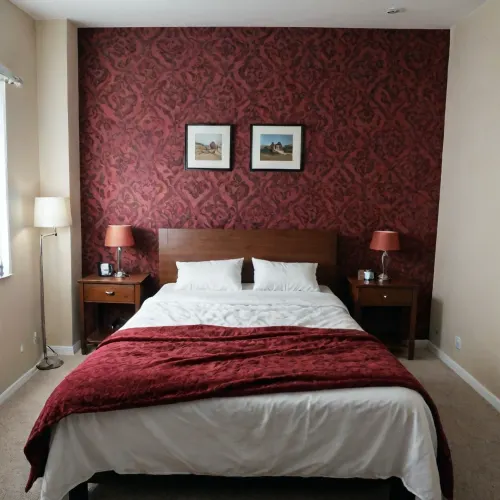 hotel room, white walls, maroon patterns, maroon wall, large bed, empty