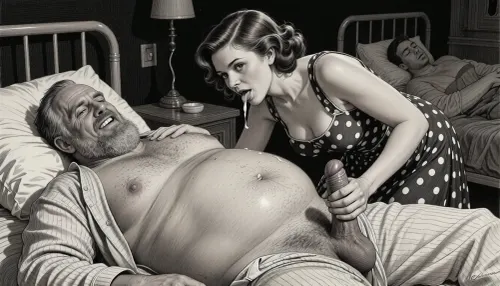 This is is a detailed monochromatic pencil drawing in a classical illustrative style depicts a scene set in USSR, in 1950s, In a hospital at night, in a darkened hospital room, a Obese ugly hairy bearded Caucasian old man lies on a bed in hospital pajamas .lustful mocking smile man's ugly face, Other patients sleep in the same room. His penis protrudes from his hospital pajamas, his large, full testicles visible. A beautiful Russian brown elegant hairstyle curvy mother, she is wearing in polka dot sundress, stands beside him, her eyes wide and her expression very seductive. She holds his penis in hand, leans down, and licks it intensely. semen on her lips, His hand on her head. Side lighting creates a dark and sexual atmosphere., The overall mood is intense, rendered in fine, expressive line work and subtle shading, evoking the style of 1950s satirical or moralistic illustrations.