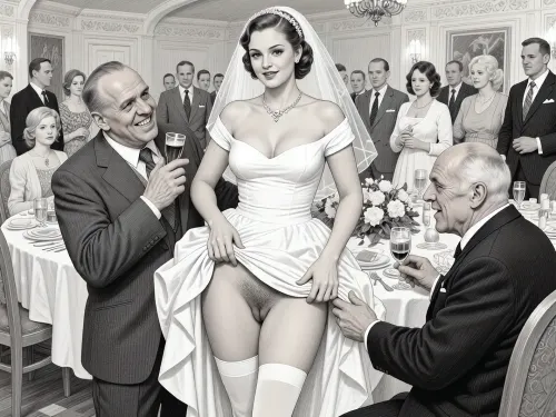 This is is a detailed monochromatic pencil drawing in a classical illustrative style depicts a scene set in USSR, in 1950s, a striking busty bride in a white dress, ((2 drunk ugly fat old men roughly pawing her labia with their fingers)), 2 drunken ugly fat old men mocking, lustful mocking smile men's ugly face, on a festive table during the wedding banquet, She lifts the hem of her wedding dress with her hands, hairy pussy, her white stockings are visible, family and parents are watching in their best clothes, a large banquet hall, They celebrate the wedding without noticing the bride, The overall mood is intense, rendered in fine, expressive line work and subtle shading, evoking the style of 1950s satirical or moralistic illustrations.