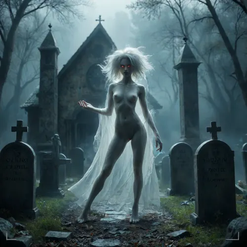 score_9, 1 ghastly female, about 33, very thin, is naked, ghost white skin, in a very foggy 1200's church graveyard, camera view is set far back, 32k image, floating in air, has no legs, ghostly form with no legs, perfect hands with long claw nails, no legs, no feet, ghostly form, floating, very skinny ghastly shape, completely naked, no hair, white ghostly afro hair, blood dripping from claws, evil demonic red eyes with a hollow empty feel, 34C cup breasts, medium size breasts, ghostly white boobs and nipples, everything about the ghost is ghastly and greyish white, raining heavy, old england graveyard, many ancient, tombstones, skeletal hands popping out of a few spots in background, scary environment, very spooky feel, cemetery, graves, pumpking, bats, <lora:Halloween Series_ Spooky Cemetery_epoch_5:.8>, 33r13, c3m3t3ry, <lora:33r13_c3m3t3ry:.8>, ghost, person, <lora:ghosts person 1a:.8>, ais-ghostly, <lora:Ghostly_Style_SDXL:.8>, <lora:Spectral_Photography-000002:.8>