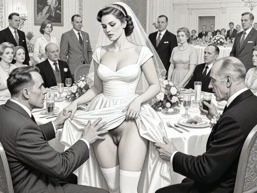 This is is a detailed monochromatic pencil drawing in a classical illustrative style depicts a scene set in USSR, in 1950s, a striking busty bride in a white dress, ((2 drunk ugly Caucasian men roughly pawing her labia with their fingers)), 2 drunken ugly Caucasian old men mocking, on a festive table during the wedding banquet, She lifts the hem of her wedding dress with her hands, hairy pussy, her white stockings are visible, family and parents are watching in their best clothes, a large banquet hall, They celebrate the wedding without noticing the bride, The overall mood is intense, rendered in fine, expressive line work and subtle shading, evoking the style of 1950s satirical or moralistic illustrations.