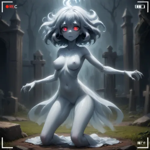 score_9, 1 ghastly female, about 33, very thin, is naked, ghost white skin, in a very foggy 1200's church graveyard, camera view is set far back, 32k image, floating in air, has no legs, ghostly form with no legs, perfect hands with long claw nails, no legs, no feet, ghostly form, floating, very skinny ghastly shape, completely naked, no hair, white ghostly afro hair, blood dripping from claws, evil demonic red eyes with a hollow empty feel, 34C cup breasts, medium size breasts, ghostly white boobs and nipples, everything about the ghost is ghastly and greyish white, raining heavy, old england graveyard, many ancient, tombstones, skeletal hands popping out of a few spots in background, scary environment, very spooky feel