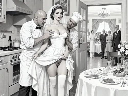 This is is a detailed monochromatic pencil drawing in a classical illustrative style depicts a scene set in USSR, in 1950s, a striking busty slutty bride in a white dress in the restaurant kitchen, ((2 drunk ugly bald old cooks roughly pawing her tits with their fingers)), 2 drunken marginalugly old cooks mocking, on a festive table during the wedding banquet, She lifts the hem of her wedding dress with her hands, hairy pussy, her white stockings are visible, the restaurant hall is visible through the open kitchen door, family and parents are watching in their best clothes, a large banquet hall, They celebrate the wedding without noticing the bride, The overall mood is intense, rendered in fine, expressive line work and subtle shading, evoking the style of 1950s satirical or moralistic illustrations.