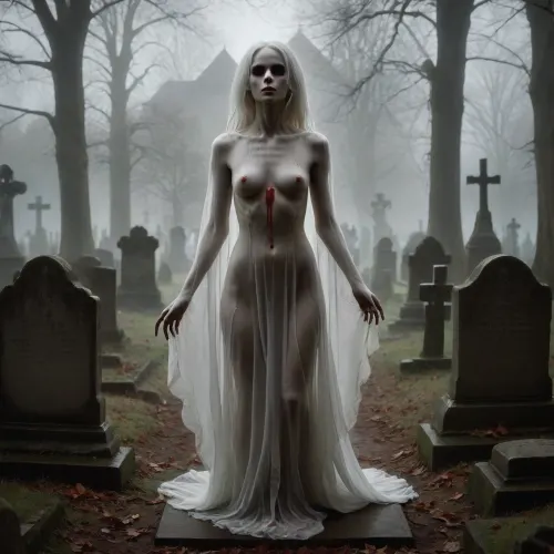 score_9, 1 ghastly female, about 33, very thin, is naked, ghost white skin, in a very foggy 1200's church graveyard, camera view is set far back, 32k image, floating in air, has no legs, ghostly form with no legs, perfect hands with long claw nails, no legs, no feet, ghostly form, floating, very skinny ghastly shape, completely naked, no hair, white ghostly afro hair, blood dripping from claws, evil demonic red eyes with a hollow empty feel, 34C cup breasts, medium size breasts, ghostly white boobs and nipples, everything about the ghost is ghastly and greyish white, raining heavy, old england graveyard, many ancient, tombstones, skeletal hands popping out of a few spots in background, scary environment, very spooky feel, ghost, person, <lora:ghosts person 1a:.8>, ais-ghostly, <lora:Ghostly_Style_SDXL:.8>