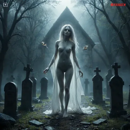 score_9, 1 ghastly female, about 33, very thin, is naked, ghost white skin, in a very foggy 1200's church graveyard, camera view is set far back, 32k image, floating in air, has no legs, ghostly form with no legs, perfect hands with long claw nails, no legs, no feet, ghostly form, floating, very skinny ghastly shape, completely naked, no hair, white ghostly afro hair, blood dripping from claws, evil demonic red eyes with a hollow empty feel, 34C cup breasts, medium size breasts, ghostly white boobs and nipples, everything about the ghost is ghastly and greyish white, raining heavy, old england graveyard, many ancient, tombstones, skeletal hands popping out of a few spots in background, scary environment, very spooky feel, cemetery, graves, pumpking, bats, <lora:Halloween Series_ Spooky Cemetery_epoch_5:.8>, 33r13, c3m3t3ry, <lora:33r13_c3m3t3ry:.8>, ghost, person, <lora:ghosts person 1a:.8>, ais-ghostly, <lora:Ghostly_Style_SDXL:.8>, <lora:Spectral_Photography-000002:.8>