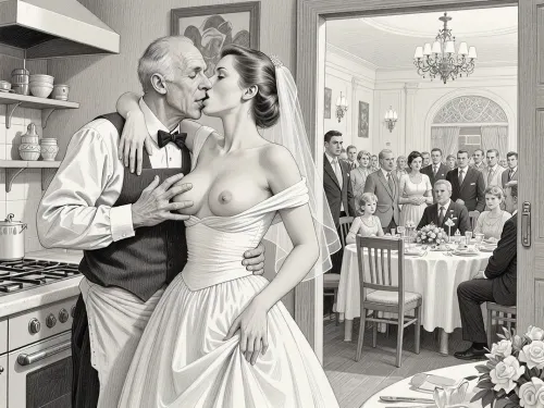 This is is a detailed monochromatic pencil drawing in a classical illustrative style depicts a scene set in USSR, in 1950s, a striking busty slutty bride in a white dress, hugs and passionately kisses an old waiter in the restaurant kitchen who roughly and imperiously paws her tits, ((drunk marginal old waiter roughly pawing her exposed tits with his fingers)), the restaurant hall is visible through the open kitchen door, on a festive table during the wedding banquet, family and parents are watching in their best clothes, a large banquet hall, They celebrate the wedding without noticing the bride, The overall mood is intense, rendered in fine, expressive line work and subtle shading, evoking the style of 1950s satirical or moralistic illustrations.