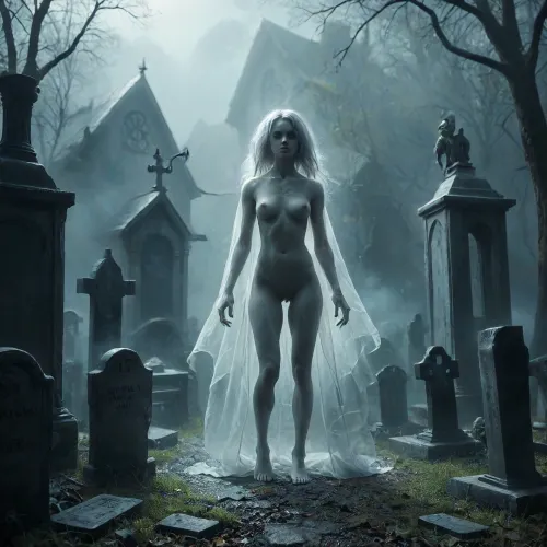score_9, 1 ghastly female, about 33, very thin, is naked, ghost white skin, in a very foggy 1200's church graveyard, camera view is set far back, 32k image, floating in air, has no legs, ghostly form with no legs, perfect hands with long claw nails, no legs, no feet, ghostly form, floating, very skinny ghastly shape, completely naked, no hair, white ghostly afro hair, blood dripping from claws, evil demonic red eyes with a hollow empty feel, 34C cup breasts, medium size breasts, ghostly white boobs and nipples, everything about the ghost is ghastly and greyish white, raining heavy, old england graveyard, many ancient, tombstones, skeletal hands popping out of a few spots in background, scary environment, very spooky feel, cemetery, graves, pumpking, bats, <lora:Halloween Series_ Spooky Cemetery_epoch_5:.8>, 33r13, c3m3t3ry, <lora:33r13_c3m3t3ry:.8>, ghost, person, <lora:ghosts person 1a:.8>, ais-ghostly, <lora:Ghostly_Style_SDXL:.8>, <lora:Spectral_Photography-000002:.8>