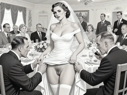 This is is a detailed monochromatic pencil drawing in a classical illustrative style depicts a scene set in USSR, in 1950s, a striking busty bride in a white dress, ((2 drunk ugly Caucasian men roughly pawing her labia with their fingers)), 2 drunken ugly Caucasian old men mocking, on a festive table during the wedding banquet, She lifts the hem of her wedding dress with her hands, hairy pussy, her white stockings are visible, family and parents are watching in their best clothes, a large banquet hall, They celebrate the wedding without noticing the bride, The overall mood is intense, rendered in fine, expressive line work and subtle shading, evoking the style of 1950s satirical or moralistic illustrations.