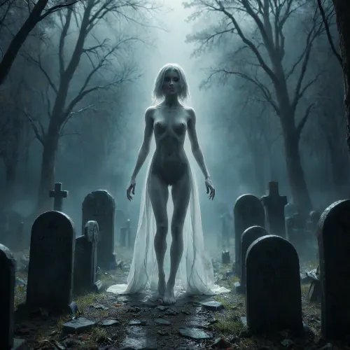 score_9, 1 ghastly female, about 33, very thin, is naked, ghost white skin, in a very foggy 1200's church graveyard, camera view is set far back, 32k image, floating in air, has no legs, ghostly form with no legs, perfect hands with long claw nails, no legs, no feet, ghostly form, floating, very skinny ghastly shape, completely naked, no hair, white ghostly afro hair, blood dripping from claws, evil demonic red eyes with a hollow empty feel, 34C cup breasts, medium size breasts, ghostly white boobs and nipples, everything about the ghost is ghastly and greyish white, raining heavy, old england graveyard, many ancient, tombstones, skeletal hands popping out of a few spots in background, scary environment, very spooky feel, cemetery, graves, pumpking, bats, <lora:Halloween Series_ Spooky Cemetery_epoch_5:.8>, 33r13, c3m3t3ry, <lora:33r13_c3m3t3ry:.8>, ghost, person, <lora:ghosts person 1a:.8>, ais-ghostly, <lora:Ghostly_Style_SDXL:.8>, <lora:Spectral_Photography-000002:.8>