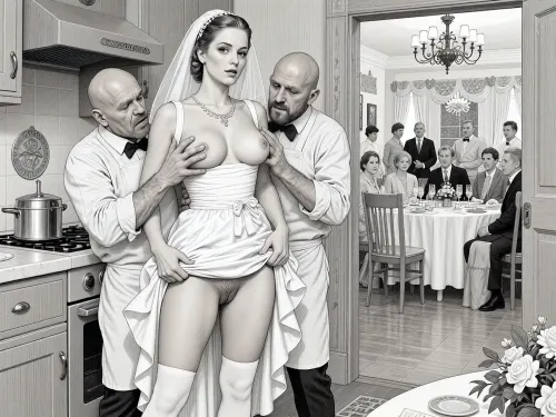 This is is a detailed monochromatic pencil drawing in a classical illustrative style depicts a scene set in USSR, in 1950s, a striking busty slutty bride in a white dress in the restaurant kitchen, ((2 drunk ugly bald old cooks roughly pawing her tits with their fingers)), 2 drunken marginalugly old cooks mocking, She lifts the hem of her wedding dress with her hands, hairy pussy, her white stockings are visible, the restaurant hall is visible through the open kitchen door, on a festive table during the wedding banquet, family and parents are watching in their best clothes, a large banquet hall, They celebrate the wedding without noticing the bride, The overall mood is intense, rendered in fine, expressive line work and subtle shading, evoking the style of 1950s satirical or moralistic illustrations.