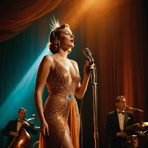 Vintage cinematic film photograph of a 1940s jazz cabaret performance. Dramatic low-angle shot looking up at an elegant female singer standing at a vintage chrome microphone on a stand. She wears a long fitted amber-gold evening gown and a dramatic sunburst halo headpiece with radiating metal spikes, head tilted back mid-song, one hand on her hip. Strong warm backlight creates a glowing halo around her head. Art deco stage design with glowing orange vertical light columns and a luminous arch, vivid turquoise-blue draped curtain backdrop. Jazz band members in white dinner jackets playing double bass and saxophone in the dim background. Hazy smoke atmosphere, soft diffusion, halation, film grain, retro analog film look, cinematic chiaroscuro, warm orange versus cool blue color contrast, dreamlike nostalgic mood., downblouse, nipslip, <lora:RealDownblouseXL2:.8>