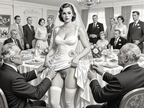 This is is a detailed monochromatic pencil drawing in a classical illustrative style depicts a scene set in USSR, in 1950s, a striking busty bride in a white dress, ((2 drunk old men roughly pawing her labia with their fingers)), 2 drunken old men mocking, on a festive table during the wedding banquet, She lifts the hem of her wedding dress with her hands, hairy pussy and white stockings are visible, family and parents are watching in their best clothes, a large banquet hall, They celebrate the wedding without noticing the bride, The overall mood is intense, rendered in fine, expressive line work and subtle shading, evoking the style of 1950s satirical or moralistic illustrations.
