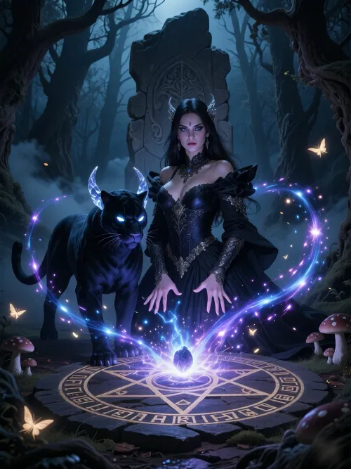 A masterpiece of the highest quality, (digital art in the ‘dark fantasy’ style:1.2), . A beautiful sorceress with mesmerising eyes and long dark hair, dressed in an exquisite obsidian-coloured Gothic gown, stands by an ancient stele in the very heart of the gloomy, mystical Black Forest. And she is weaving magic of the highest order. Her hand, with its sharp nails, is pointed downwards towards the glowing pentagram at her feet, streams of power flow from her hand, feeding the pentagram, at the centre of which a portal begins to form. Standing beside her is a majestic, mythical shadow panther with a perfectly defined, muscular feline build, piercing, brightly glowing eyes and sharp, crystal-clear horns. In the background are twisted, dead trees and thick mist creeping across the ground. A vortex of magical, yet shifting energy forms around them, glowing mushrooms and moths appear all around, the energy softens and the swirls take on the shape of a heart, bright, ancient magical runes surround a five-pointed pentagram radiating pure energy, along with brightly glowing ethereal threads and a portal slowly taking shape in the centre. Deep shadows, voluminous beams of light, dynamic neon-coloured turquoise and violet sparks, sharp focus on the characters, cinematic lighting.