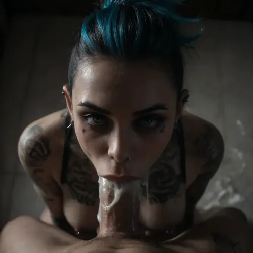 Emo punk, 21, (insanely sexy:1.5), elegant, slim, perfect breasts, very big bimbo lips, slim nose, big blue eyes, (aristocratic facial features), blue hair, very long eyelashes, oval face, thin eyebrows, (narrow face:1.3), strong makeup, (colourful body tattoos:1.5), (piercings:1.7), collar, (mascara tears:1.3), (ruined punk hairstyle:1.4), errected nipples, ((looking up:1.8)), (deepthroating white cock), (deepthroat:1.9), (devot:1.9), (excessive cum swells out of mouth:1.5), sunshine, shadows, pov, detailxl, 1girl, emo, girl, <lora:Portrait_perfection:2>, <lora:2010s_Emo_Style_XL:2>, <lora:dark:.1>, <lora:detailer-xl:1.3>