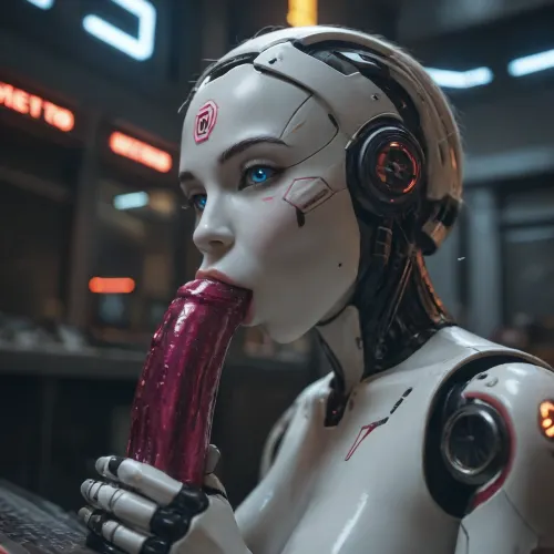 (a female robot is sucking on an metal dildo:2), (Sci-Fi city:.9), (neon lights:.8), (metal dildo)
