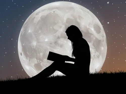 A cinematic silhouette of a woman sitting on a grassy hill, looking down at a book. The figure is completely blacked out against a massive, hyper-detailed full moon that dominates the background. The sky features a subtle gradient, transitioning from deep twilight blue on the left to a warm, soft orange glow on the right, filled with distant sparkling stars. The horizon line is defined by the dark, textured silhouette of grass blades. High contrast, serene atmosphere, dreamlike composition, 8k resolution, ethereal lighting, artistic photography style.