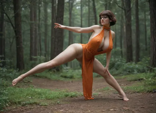 young Velma, beautiful face, cute young face, huge breasts, massive cleavage, very short Virgin Killer Dress, very loose cloth, torn cloth, super thin cloth, skinny, wide hips, very small waist, big round ass, covered breasts, very prominent nipples, (big nipples, very puffy nipples, (erect nipples:1.9)), pointy tits, (she is massively fondling on her dress), spread legs, (very far lunge:2), yoga action pose, side view, full body view, windy, forest background, Maya