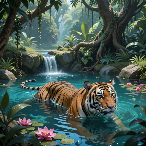 A tiger lounges in a pond in a lush jungle. The tiger is relaxing in the beautiful blue waters of the pond. The tiger is submerged in the water with only his head sticking out. A small waterfall trickles into the pond. Pink flowers dot the waters edge. Trees covered in vines surround the area., d&d, fantasy, highly detailed, digital painting, artstation, sharp focus, fantasy art, illustration, 8k, in the style of greg rutkowski. It's an absolute world-class masterpiece artwork. It's an aesthetically pleasing artwork with impeccable attention to detail and impressive composition.