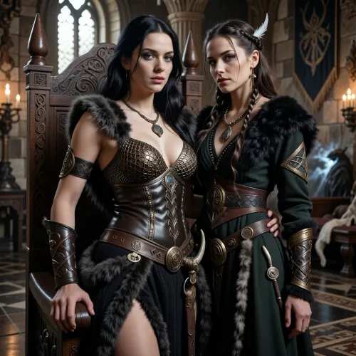 A beautiful adult Cimmerian princess stands in the great hall of a chieftain in Cimmeria, in a dark sword-and-sorcery world inspired by Conan. She is in her mid-twenties, tall, strong and regal, with pale weathered skin, storm-gray eyes, long thick raven-black hair, proud delicate features, and a calm, self-assured expression. She is beautiful in a fierce northern way, more powerful and delicate. She wears luxurious but harsh Cimmerian noble clothing suited to a brutal land, a dark wool loincloth layered with leather and heavy fur, fitted enough to show rank without looking modern, decorated with knotwork embroidery, bronze clasps, arm rings, belts and carved bone or stone jewelry, and a tight fitted ornate bronze chainmail bikini top snugly containing her ample bosom. One hand rests on the carved arm of a heavy wooden throne.

Behind and slightly beside her stands her female Cimmerian shaman, advisor and lover. She is an equally beautiful adult woman, slightly taller, with pale skin, dark hair braided with bone beads and feathers, piercing gray eyes, and an intense, unreadable expression. She wears layered black, charcoal and deep forest-green robes of wool, fur and leather, decorated with runes, talismans, carved bone charms, antler pieces and ancient tribal symbols. She stands far closer than a mere advisor should, one hand resting lightly and possessively at the princess’s waist as she leans toward her ear as if whispering private counsel. The princess’s relaxed posture and faint private smile reveal intimacy, trust and conspiracy between them.

Subtle ancient magic surrounds the shaman, faint mist around her fingers, a dim cold blue-gray glow in her eyes, and the ghostly suggestion of a wolf, raven or shadowy ancestral spirit hidden in the darkness behind her. The hall is unmistakably Cimmerian, massive timber beams, rough stone walls, carved wooden pillars, animal pelts, shields, spears, bronze braziers, smoky firelight, long benches, ancient banners, and a distant opening showing bleak mountains, dark forests and a storm-heavy sky. The atmosphere is harsh, ancient, intimate and dangerous, with the feeling of tribal power, old bloodlines and forbidden northern magic. Cinematic full-body composition, princess dominant in the foreground, shaman intimately behind her, realistic anatomy, dramatic firelight and cold northern light, richly detailed fur, leather, wood and stone textures, photorealistic dark fantasy, epic sword-and-sorcery film still.
