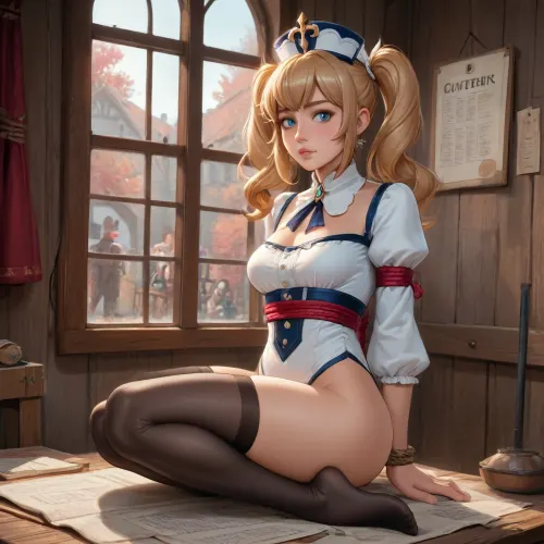 barbara from genshin impact dross style reiq meets A sexy girl wearing a thick collar and black stockings stood in a medieval style BDSM dungeon in rope bondage
