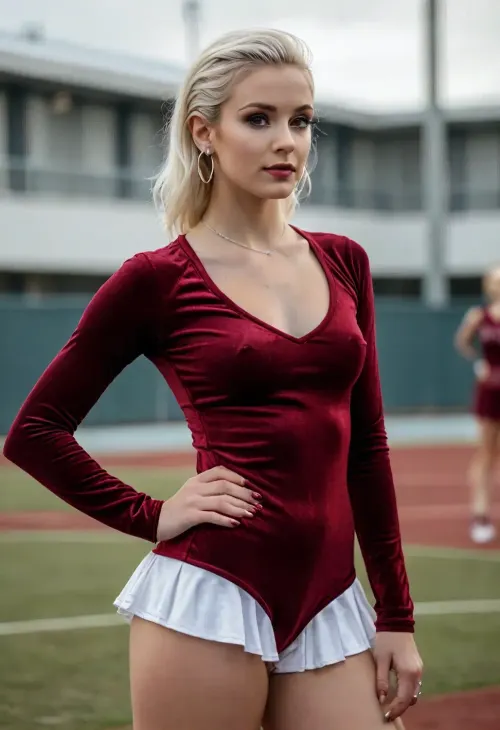 (masterpiece, best quality:1.2), 1 czech 25yo woman, fashion influencer, (she wears a maroon velvet winter cheerleader outfit with leotard and sneakers:1.4), on a sports field, short slicked-back white hair, (modern styled with jewelry, earrings, bangles:1.4), brown eyes, photorealism, <lora:style_lora_realis:.5>, <lora:slicked-back_hair-000006:.5>