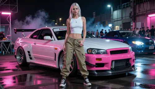 Photorealistic cinematic full-body portrait of a beautiful Danish Scandinavian female street racer in her mid-20s standing confidently in front of her heavily modified Nissan Skyline GT-R at an illegal nighttime street racing event. She has long platinum-blonde hair, striking blue eyes, fair Nordic skin, athletic feminine build, self-assured slightly rebellious expression. She wears a tight fitted white tank top, low-rise khaki cargo pants sitting loosely on her hips, practical sneakers, subtle silver jewelry.

Behind her is her personal highly tuned Nissan Skyline GT-R, aggressive Japanese tuner build, widebody kit, lowered suspension, large performance wheels, low-profile tires, huge intercooler, racing brakes, carbon-fiber details, aerodynamic front splitter and rear wing. Distinctive custom two-tone paint scheme, vivid hot pink and clean pearl white, glossy finish reflecting the surrounding neon lights. The car looks genuinely race-prepared rather than a showroom display.

Nighttime underground street racing meet in an industrial district, wet asphalt reflecting pink, blue and white neon, modified Japanese performance cars and small groups of racers in the background, headlights, faint tire smoke, portable work lights, energetic crowd atmosphere. She stands directly in front of her GT-R as if waiting for her race to be called, relaxed but focused, one hand casually resting near her cargo pocket, unmistakable owner-and-driver body language.

Low cinematic camera angle, 35mm automotive photography, shallow depth of field, realistic skin texture, realistic fabric folds, detailed platinum hair, accurate human anatomy, dramatic neon rim lighting, soft reflections across the car body, subtle atmospheric haze, gritty late-night street racing aesthetic, high-end editorial automotive photography, natural proportions, highly detailed, realistic, cinematic.