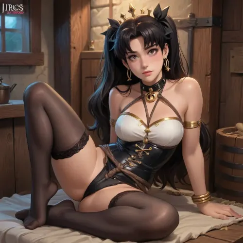 ishtar from fate/grand order dross style reiq meets, woman, A sexy goth girl wearing a thick collar and black stockings stood in a medieval style BDSM dungeon in rope bondage