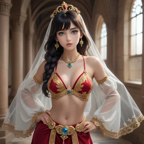 barbara from genshin impact dross style reiq meets A beautiful concubine of the great sultan, a young woman with large, expressive eyes framed by thick eyelashes, full lips, and long dark hair gathered back beneath a translucent, light-coloured veil. On her head is an openwork golden tiara set with a large blue gemstone. Her gaze is confident and direct. She wears a sumptuous harem costume, a luxurious top with long, semi-transparent sleeves, richly embroidered with golden motifs and adorned with gemstones, featuring a plunging neckline and an exposed midriff. A wide gold belt set with the same gemstones. The lower part consists of a dark burgundy velvet skirt with a gold trim. She wears gold drop earrings, a gold necklace with a large sapphire, and gold rings on her fingers. One hand rests on her chest, the other on her hip. She is dancing in a sumptuous palace hall with high gilded arches, blue-and-gold murals, marble columns and a large arched window through which soft, warm daylight streams. In the background are the blurred figures of other concubines. An atmosphere of oriental opulence, the sultan’s harem, soft, three-dimensional lighting, highly detailed textures of skin, fabrics and gold – a masterpiece, of the highest quality, exceptionally detailed