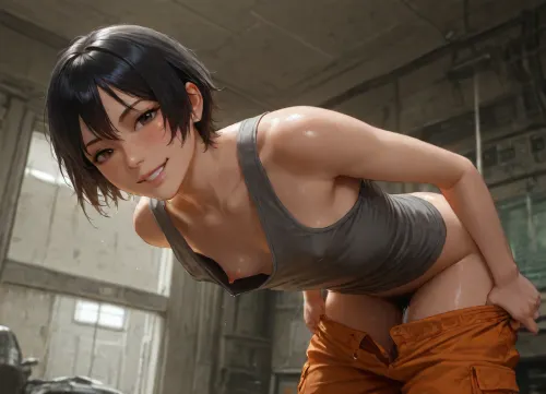 high quality, photorealistic, in messy old spaceship, electronic s-f devices, woman, dirty, sweating, (black short hair), freckles, slim, (flat chested), (orange cargo pants), (grey tank top), (big erect nipples), undressing, (pulling down pants), smile, happy, excited, (looking at viewer), (excessive pubic hair), (dripping juices:1.6)