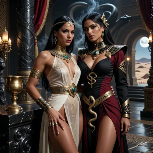 A beautiful adult Stygian princess stands in a grand Stygian palace in the Hyborian Age, dark sword-and-sorcery atmosphere inspired by Conan. She is in her mid-twenties, with deep bronze-brown skin, dark almond eyes, long straight raven-black hair, refined aristocratic features, and a calm, proud, dangerously self-assured expression. She wears luxurious Stygian royal clothing inspired by ancient Egyptian and Near Eastern aesthetics transformed into dark fantasy, a extremely skimpy fitted ivory transparent silk gown with elegant embroidery, ornate gold collar, jeweled belt, heavy bracelets, armlets, rings, and a delicate gold diadem with a subtle serpent motif. One hand rests on the carved black-stone arm of an ornate throne, the other holds a golden ceremonial cup.

Behind and slightly beside her stands her female Stygian sorcerer, advisor and lover. She is an equally beautiful adult Stygian woman, slightly taller, with dark bronze skin, long black hair, intense almost-black eyes, and an unnervingly calm expression. She wears layered black and deep crimson robes decorated with ancient gold sigils, serpentine embroidery, occult symbols of Set, dark gemstones, and a serpent-shaped talisman of blackened gold. She stands far closer than a mere advisor should, one hand resting lightly and possessively at the princess’s waist as she leans toward her ear as if whispering private counsel. The princess’s relaxed posture and faint private smile reveal intimacy, trust and conspiracy between them.

Subtle magic surrounds the sorceress, faint dark smoke around her fingers, a dim green-gold glow in her eyes, and the ghostly suggestion of a vast serpent shape hidden in the shadows behind her. The palace is unmistakably Stygian, towering black stone columns carved with serpents, golden braziers, red silk curtains, bronze lamps, carved ritual reliefs, polished stone floors, incense smoke, statues of ancient kings and priests, and distant arches opening toward a moonlit desert city and a great dark river. A colossal shadowed statue of Set looms in the background. Luxurious, decadent, dangerous atmosphere. Cinematic full-body composition, princess dominant in the foreground, sorceress intimately behind her, realistic anatomy, dramatic chiaroscuro, warm firelight mixed with cool moonlight, richly detailed fabrics, jewelry and architecture, photorealistic dark fantasy, epic sword-and-sorcery film still.