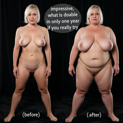 (2Split screens, 2split views), (same woman), (((first screen, much slimer, caption "before"))), (((second screen, much much fatter, caption "after"))), big caption over whole wide, "impressive, what is doable in only one year if you really try", Create a dirty fat 60-years-old ugly fuckslut who is extremely obese. She is fat as a pig. She is an extraordinarily super fat woman, please depict her as so heavy that she can barely move. She is so fat, she has rolls of fat on body and her back. She has extremely huge and saggy tits. Her tits resting at her huge upper abdomen. Her tits are flat. Her lower abdomen is soft an flabby. black velvet background, standing naked, gigantic flabby body, hyper huge fat woman, morbidly obese, fat body, soft belly, enormous big belly, worn out body, chubby face, double chin, mouth slightly open, wide hips, huge ass, lovehandles, extra fat rolls, saggy tits, huge tits, baggy tits, short blond hair