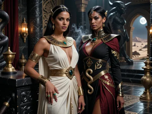 A beautiful adult Stygian princess stands in a grand Stygian palace in the Hyborian Age, dark sword-and-sorcery atmosphere inspired by Conan. She is in her mid-twenties, with deep bronze-brown skin, dark almond eyes, long straight raven-black hair, refined aristocratic features, and a calm, proud, dangerously self-assured expression. She wears luxurious Stygian royal clothing inspired by ancient Egyptian and Near Eastern aesthetics transformed into dark fantasy, a fitted ivory linen gown with elegant draped fabric, ornate gold collar, jeweled belt, heavy bracelets, armlets, rings, and a delicate gold diadem with a subtle serpent motif. One hand rests on the carved black-stone arm of an ornate throne, the other loosely holds a golden ceremonial cup.

Behind and slightly beside her stands her female Stygian sorcerer, advisor and lover. She is an equally beautiful adult Stygian woman, slightly taller, with dark bronze skin, long black hair, intense almost-black eyes, and an unnervingly calm expression. She wears layered black and deep crimson robes decorated with ancient gold sigils, serpentine embroidery, occult symbols of Set, dark gemstones, and a serpent-shaped talisman of blackened gold. She stands far closer than a mere advisor should, one hand resting lightly and possessively at the princess’s waist as she leans toward her ear as if whispering private counsel. The princess’s relaxed posture and faint private smile reveal intimacy, trust and conspiracy between them.

Subtle magic surrounds the sorceress, faint dark smoke around her fingers, a dim green-gold glow in her eyes, and the ghostly suggestion of a vast serpent shape hidden in the shadows behind her. The palace is unmistakably Stygian, towering black stone columns carved with serpents, golden braziers, red silk curtains, bronze lamps, carved ritual reliefs, polished stone floors, incense smoke, statues of ancient kings and priests, and distant arches opening toward a moonlit desert city and a great dark river. A colossal shadowed statue of Set looms in the background. Luxurious, decadent, dangerous atmosphere. Cinematic full-body composition, princess dominant in the foreground, sorceress intimately behind her, realistic anatomy, dramatic chiaroscuro, warm firelight mixed with cool moonlight, richly detailed fabrics, jewelry and architecture, photorealistic dark fantasy, epic sword-and-sorcery film still.