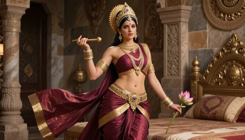 Masterpiece, Full HD Image, A divine female figure styled after classical Indian temple sculpture and iconography.

Key Visual Details
Pose & Stance, The figure is rendered standing with a graceful, dynamic tilt of the body in a classic tribhanga, (three-bend), stance, giving the sculpture a fluid and rhythmic posture.

Attire & Drapery, She wears maroon traditional garments with gold borders. The lower silk cloth, (dhoti style), is draped neatly around her hips and legs, with elaborate folds flowing down the sides.

Ornaments & Jewelry, An ornate, multi-tiered golden crown, (mukuta), adorns her head.

Extensive golden jewelry covers her neck, chest, waist, wrists, and ankles, including heavy layered necklaces, a decorative waistband, (kamarbandh), armlets, and thick anklets.

Iconographic Attributes, In her right hand, raised to shoulder level, she holds a playfull object.

In her left hand, held lower, she carries a lotus bud.

Background & Material, She stands adjecent to royal bed in her chamber, (prabhavali or temple stone backdrop), with decorative motifs, warm skin tones and metallic gold accents.