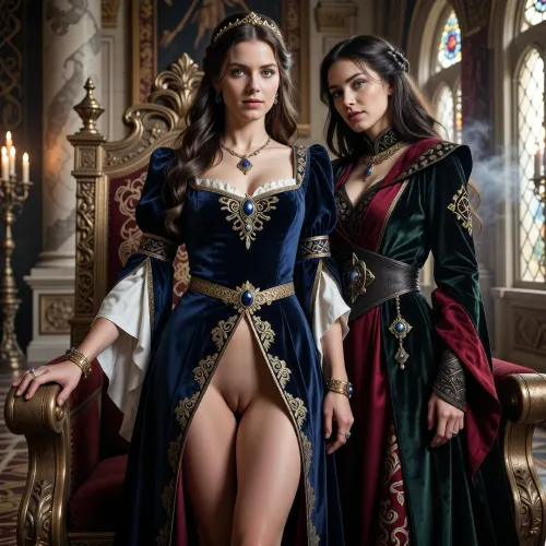 A beautiful adult Aquilonian princess stands in a magnificent royal palace in Aquilonia, in a dark sword-and-sorcery world inspired by Conan. She is in her mid-twenties, tall, poised and regal, with fair skin, expressive blue or gray eyes, and long wavy chestnut or dark blonde hair styled in elegant noble fashion. Her features are refined, aristocratic and intelligent, and her expression is calm, proud and self-assured. She wears luxurious Aquilonian royal clothing inspired by high medieval and late antique nobility, transformed into grounded dark fantasy, a rich pinafore gown of deep blue, ivory or crimson velvet and silk, with slit from her waist all the way down the front of the gown giving a clear view of her smoothly shaven pussy, fitted but regal, with flowing sleeves, gold embroidery, jeweled trim, a delicate golden circlet, rings, bracelets and a fine ceremonial belt. One hand rests on the carved arm of an ornate throne.

Behind and slightly beside her stands her female Aquilonian sorceress, advisor and lover. She is an equally beautiful adult woman, slightly taller, with pale skin, long dark brown or black hair, striking gray or green eyes, and an intense, unreadable expression. She wears layered robes in black, wine red and deep forest green, made of fine velvet, silk and embroidered fabric, adorned with subtle occult symbols, gold details, dark gemstones and an ancient talisman. She stands far closer than a mere advisor should, one hand resting lightly and possessively at the princess’s waist as she leans toward her ear as if whispering private counsel. The princess’s relaxed posture and faint private smile reveal intimacy, trust and conspiracy between them.

Subtle magic surrounds the sorceress, faint drifting smoke around her fingers, a dim cold glow in her eyes, and the ghostly suggestion of ancient arcane symbols hidden in the shadows behind her. The palace is unmistakably Aquilonian, tall marble columns, rich tapestries, carved stone arches, polished floors, bronze braziers, candlelight, noble banners, statues of kings and heroes, stained glass or high arched windows, and distant balconies overlooking a great royal city. The atmosphere is luxurious, civilized, politically dangerous and touched by secret sorcery. Cinematic full-body composition, princess dominant in the foreground, sorceress intimately behind her, realistic anatomy, dramatic warm candlelight mixed with cool daylight, richly detailed fabrics, jewelry and architecture, photorealistic dark fantasy, epic sword-and-sorcery film still.