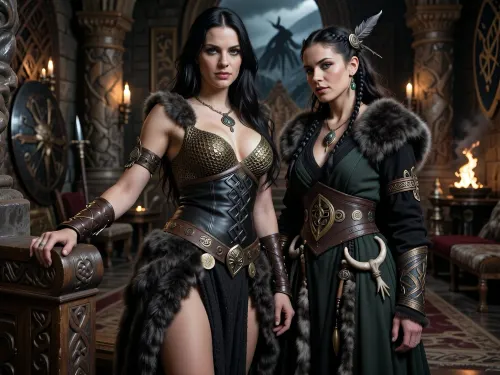 A beautiful adult Cimmerian princess stands in the great hall of a chieftain in Cimmeria, in a dark sword-and-sorcery world inspired by Conan. She is in her mid-twenties, tall, strong and regal, with pale weathered skin, storm-gray eyes, long thick raven-black hair, proud delicate features, and a calm, self-assured expression. She is beautiful in a fierce northern way, more powerful and delicate. She wears luxurious but harsh Cimmerian noble clothing suited to a brutal land, a dark wool loincloth layered with leather and heavy fur, fitted enough to show rank without looking modern, decorated with knotwork embroidery, bronze clasps, arm rings, belts and carved bone or stone jewelry, and a tight fitted ornate bronze chainmail bikini top snugly containing her ample bosom. One hand rests on the carved arm of a heavy wooden throne.

Behind and slightly beside her stands her female Cimmerian shaman, advisor and lover. She is an equally beautiful adult woman, slightly taller, with pale skin, dark hair braided with bone beads and feathers, piercing gray eyes, and an intense, unreadable expression. She wears layered black, charcoal and deep forest-green robes of wool, fur and leather, decorated with runes, talismans, carved bone charms, antler pieces and ancient tribal symbols. She stands far closer than a mere advisor should, one hand resting lightly and possessively at the princess’s waist as she leans toward her ear as if whispering private counsel. The princess’s relaxed posture and faint private smile reveal intimacy, trust and conspiracy between them.

Subtle ancient magic surrounds the shaman, faint mist around her fingers, a dim cold blue-gray glow in her eyes, and the ghostly suggestion of a wolf, raven or shadowy ancestral spirit hidden in the darkness behind her. The hall is unmistakably Cimmerian, massive timber beams, rough stone walls, carved wooden pillars, animal pelts, shields, spears, bronze braziers, smoky firelight, long benches, ancient banners, and a distant opening showing bleak mountains, dark forests and a storm-heavy sky. The atmosphere is harsh, ancient, intimate and dangerous, with the feeling of tribal power, old bloodlines and forbidden northern magic. Cinematic full-body composition, princess dominant in the foreground, shaman intimately behind her, realistic anatomy, dramatic firelight and cold northern light, richly detailed fur, leather, wood and stone textures, photorealistic dark fantasy, epic sword-and-sorcery film still.