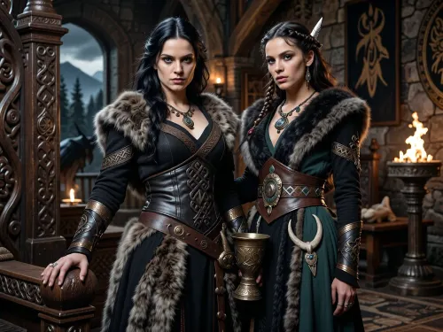 A beautiful adult Cimmerian princess stands in the great hall of a chieftain in Cimmeria, in a dark sword-and-sorcery world inspired by Conan. She is in her mid-twenties, tall, strong and regal, with pale weathered skin, storm-gray eyes, long thick raven-black hair, proud rugged features, and a calm, stern, self-assured expression. She is beautiful in a fierce northern way, more powerful than delicate. She wears luxurious but harsh Cimmerian noble clothing suited to a cold, brutal land, a dark wool gown layered with leather and heavy fur, fitted enough to show rank without looking modern, decorated with knotwork embroidery, bronze clasps, arm rings, belts and carved bone or stone jewelry. One hand rests on the carved arm of a heavy wooden throne, the other loosely holds a ceremonial drinking horn.

Behind and slightly beside her stands her female Cimmerian shaman, advisor and lover. She is an equally beautiful adult woman, slightly taller, with pale skin, dark hair braided with bone beads and feathers, piercing gray eyes, and an intense, unreadable expression. She wears layered black, charcoal and deep forest-green robes of wool, fur and leather, decorated with runes, talismans, carved bone charms, antler pieces and ancient tribal symbols. She stands far closer than a mere advisor should, one hand resting lightly and possessively at the princess’s waist as she leans toward her ear as if whispering private counsel. The princess’s relaxed posture and faint private smile reveal intimacy, trust and conspiracy between them.

Subtle ancient magic surrounds the shaman, faint mist around her fingers, a dim cold blue-gray glow in her eyes, and the ghostly suggestion of a wolf, raven or shadowy ancestral spirit hidden in the darkness behind her. The hall is unmistakably Cimmerian, massive timber beams, rough stone walls, carved wooden pillars, animal pelts, shields, spears, bronze braziers, smoky firelight, long benches, ancient banners, and a distant opening showing bleak mountains, dark forests and a storm-heavy sky. The atmosphere is harsh, ancient, intimate and dangerous, with the feeling of tribal power, old bloodlines and forbidden northern magic. Cinematic full-body composition, princess dominant in the foreground, shaman intimately behind her, realistic anatomy, dramatic firelight and cold northern light, richly detailed fur, leather, wood and stone textures, photorealistic dark fantasy, epic sword-and-sorcery film still.