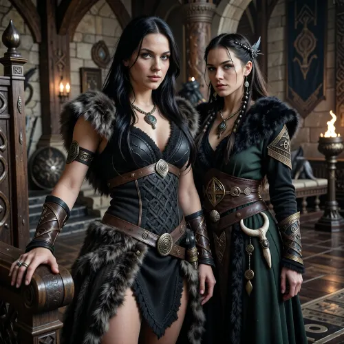 A beautiful adult Cimmerian princess stands in the great hall of a chieftain in Cimmeria, in a dark sword-and-sorcery world inspired by Conan. She is in her mid-twenties, tall, strong and regal, with pale weathered skin, storm-gray eyes, long thick raven-black hair, proud delicate features, and a calm, self-assured expression. She is beautiful in a fierce northern way, more powerful and delicate. She wears luxurious but harsh Cimmerian noble clothing suited to a brutal land, a dark wool loincloth layered with leather and heavy fur, fitted enough to show rank without looking modern, decorated with knotwork embroidery, bronze clasps, arm rings, belts and carved bone or stone jewelry. One hand rests on the carved arm of a heavy wooden throne.

Behind and slightly beside her stands her female Cimmerian shaman, advisor and lover. She is an equally beautiful adult woman, slightly taller, with pale skin, dark hair braided with bone beads and feathers, piercing gray eyes, and an intense, unreadable expression. She wears layered black, charcoal and deep forest-green robes of wool, fur and leather, decorated with runes, talismans, carved bone charms, antler pieces and ancient tribal symbols. She stands far closer than a mere advisor should, one hand resting lightly and possessively at the princess’s waist as she leans toward her ear as if whispering private counsel. The princess’s relaxed posture and faint private smile reveal intimacy, trust and conspiracy between them.

Subtle ancient magic surrounds the shaman, faint mist around her fingers, a dim cold blue-gray glow in her eyes, and the ghostly suggestion of a wolf, raven or shadowy ancestral spirit hidden in the darkness behind her. The hall is unmistakably Cimmerian, massive timber beams, rough stone walls, carved wooden pillars, animal pelts, shields, spears, bronze braziers, smoky firelight, long benches, ancient banners, and a distant opening showing bleak mountains, dark forests and a storm-heavy sky. The atmosphere is harsh, ancient, intimate and dangerous, with the feeling of tribal power, old bloodlines and forbidden northern magic. Cinematic full-body composition, princess dominant in the foreground, shaman intimately behind her, realistic anatomy, dramatic firelight and cold northern light, richly detailed fur, leather, wood and stone textures, photorealistic dark fantasy, epic sword-and-sorcery film still.