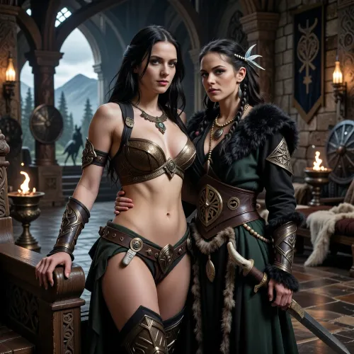 A beautiful adult Cimmerian princess stands in the great hall of a chieftain in Cimmeria, in a dark sword-and-sorcery world inspired by Conan. She is in her mid-twenties, tall, strong and regal, with pale weathered skin, storm-gray eyes, long thick raven-black hair, proud delicate features, and a calm, self-assured expression. She is beautiful in a fierce northern way, more powerful and delicate. She wears luxurious but harsh Cimmerian armor suited to a brutal land, a tight fitted ornate bronze bikini snugly containing her ample bosom, decorated with bronze clasps, arm rings, belts and carved bone or stone jewelry. One hand rests on the carved arm of a heavy wooden throne.

Behind and slightly beside her stands her female Cimmerian shaman, advisor and lover. She is an equally beautiful adult woman, slightly taller, with pale skin, dark hair braided with bone beads and feathers, piercing gray eyes, and an intense, unreadable expression. She wears layered black, charcoal and deep forest-green robes of wool, fur and leather, decorated with runes, talismans, carved bone charms, antler pieces and ancient tribal symbols. She stands far closer than a mere advisor should, one hand resting lightly and possessively at the princess’s waist as she leans toward her ear as if whispering private counsel. The princess’s relaxed posture and faint private smile reveal intimacy, trust and conspiracy between them.

Subtle ancient magic surrounds the shaman, faint mist around her fingers, a dim cold blue-gray glow in her eyes, and the ghostly suggestion of a wolf, raven or shadowy ancestral spirit hidden in the darkness behind her. The hall is unmistakably Cimmerian, massive timber beams, rough stone walls, carved wooden pillars, animal pelts, shields, spears, bronze braziers, smoky firelight, long benches, ancient banners, and a distant opening showing bleak mountains, dark forests and a storm-heavy sky. The atmosphere is harsh, ancient, intimate and dangerous, with the feeling of tribal power, old bloodlines and forbidden northern magic. Cinematic full-body composition, princess dominant in the foreground, shaman intimately behind her, realistic anatomy, dramatic firelight and cold northern light, richly detailed fur, leather, wood and stone textures, photorealistic dark fantasy, epic sword-and-sorcery film still.